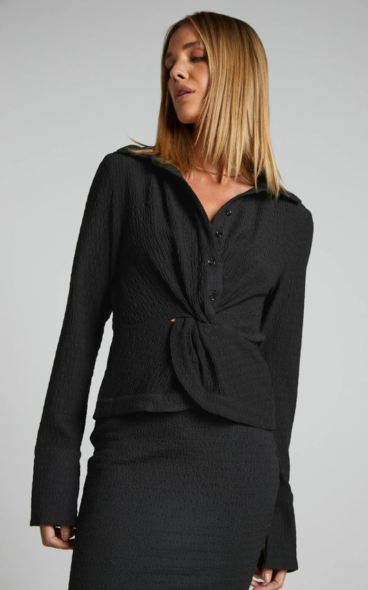 Althea Top - Knot Front Long Sleeve Top in Black