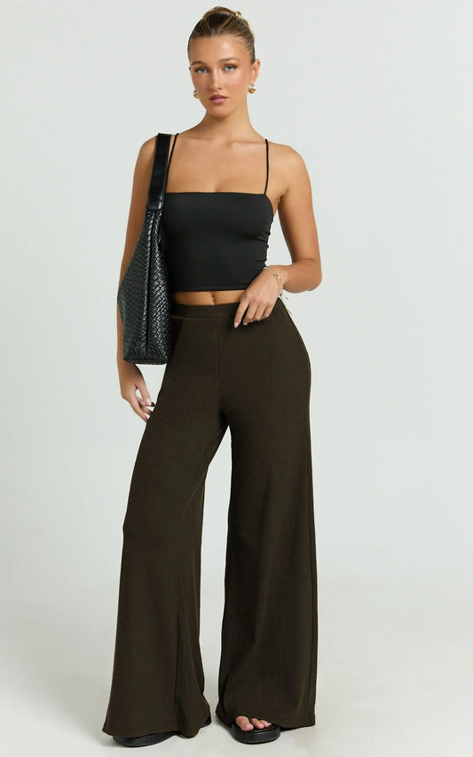 Amalthea Pants - High Waisted Jersey Rib Wide Leg Pants in Chocolate