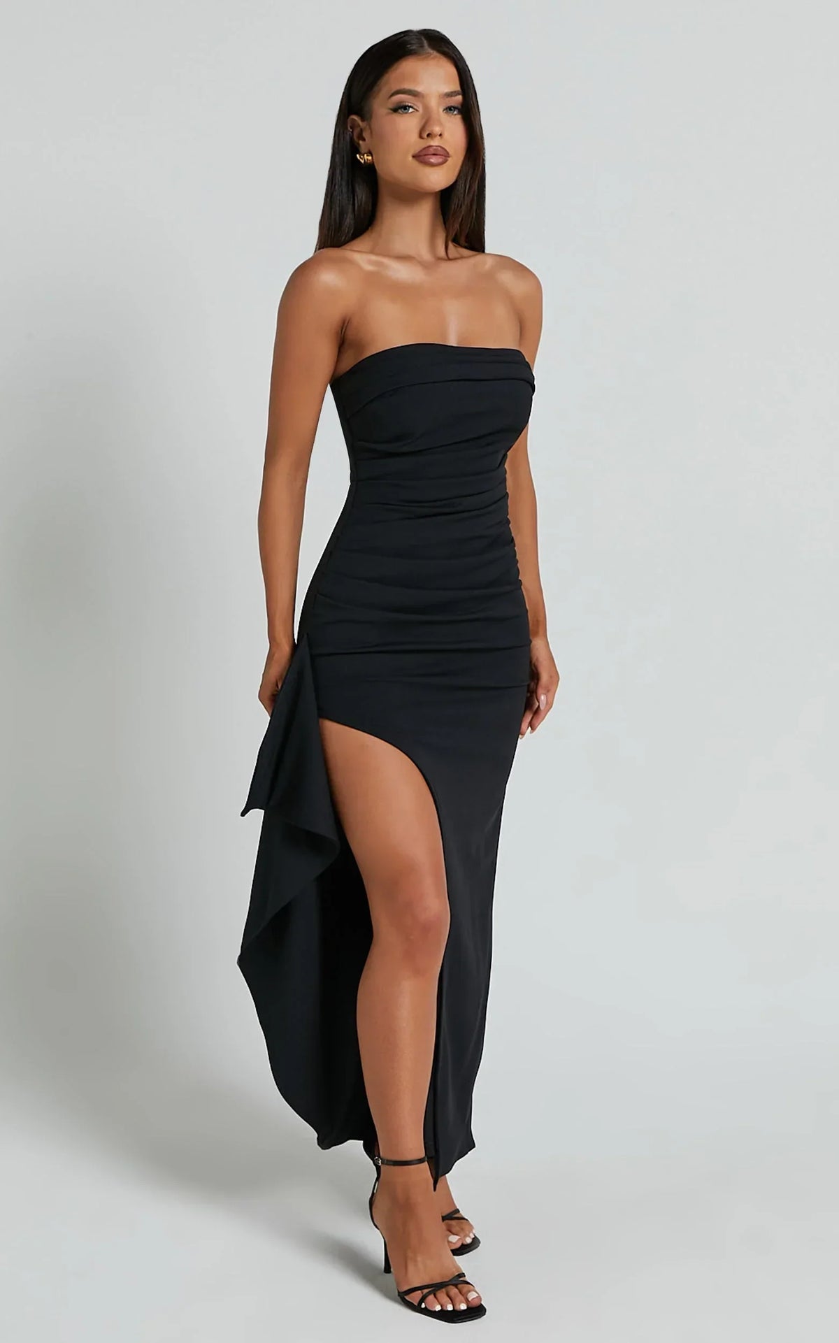 Andrea Midi Dress - Strapless Ruffle Dress in Black