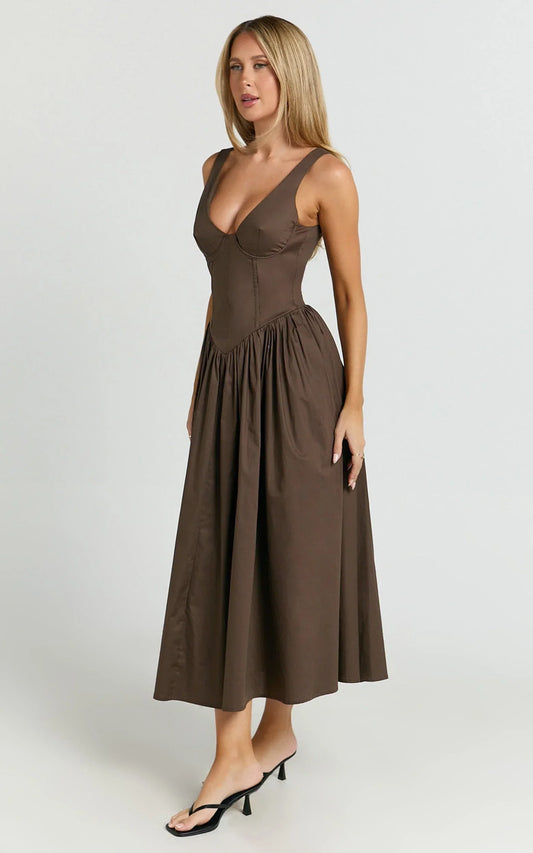 Beckett Midi Dress - Scoop Neck Drop V Waist Gathered Skirt Dress in Dark Chocolate