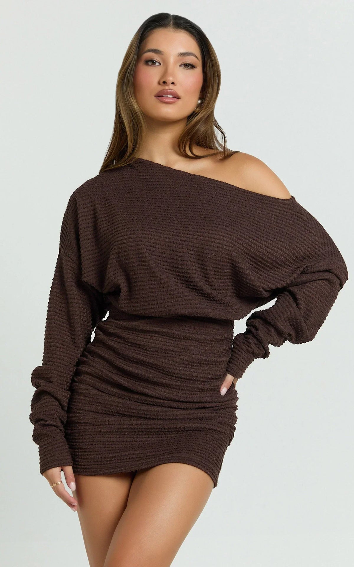 Alyce Mini Dress - Long Sleeve One Shoulder Dress in Chocolate