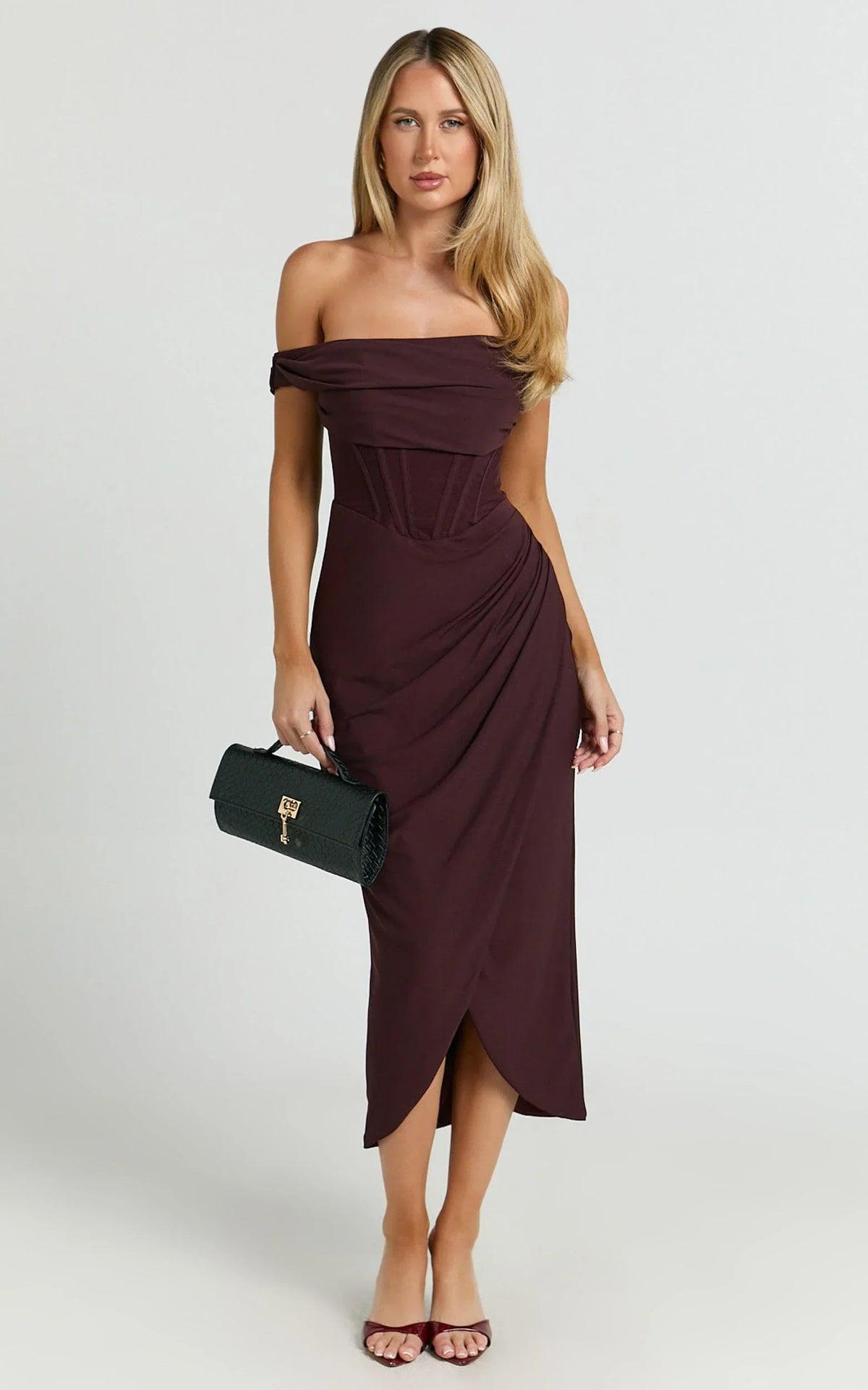 Aidia Midi Dress - Off Shoulder Draped Corset Dress in Burgundy