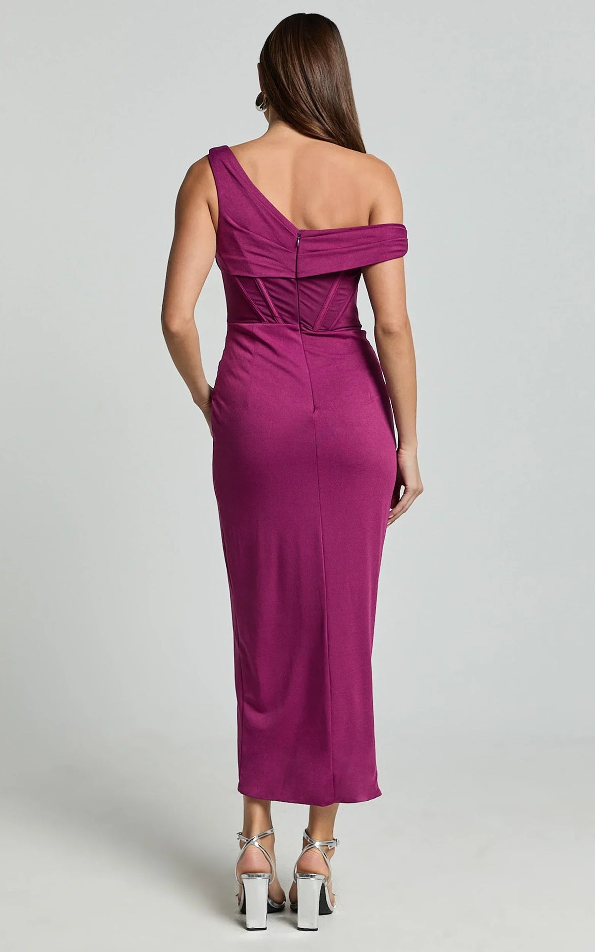 Aidia Midi Dress - Off Shoulder Draped Corset Dress in Plum