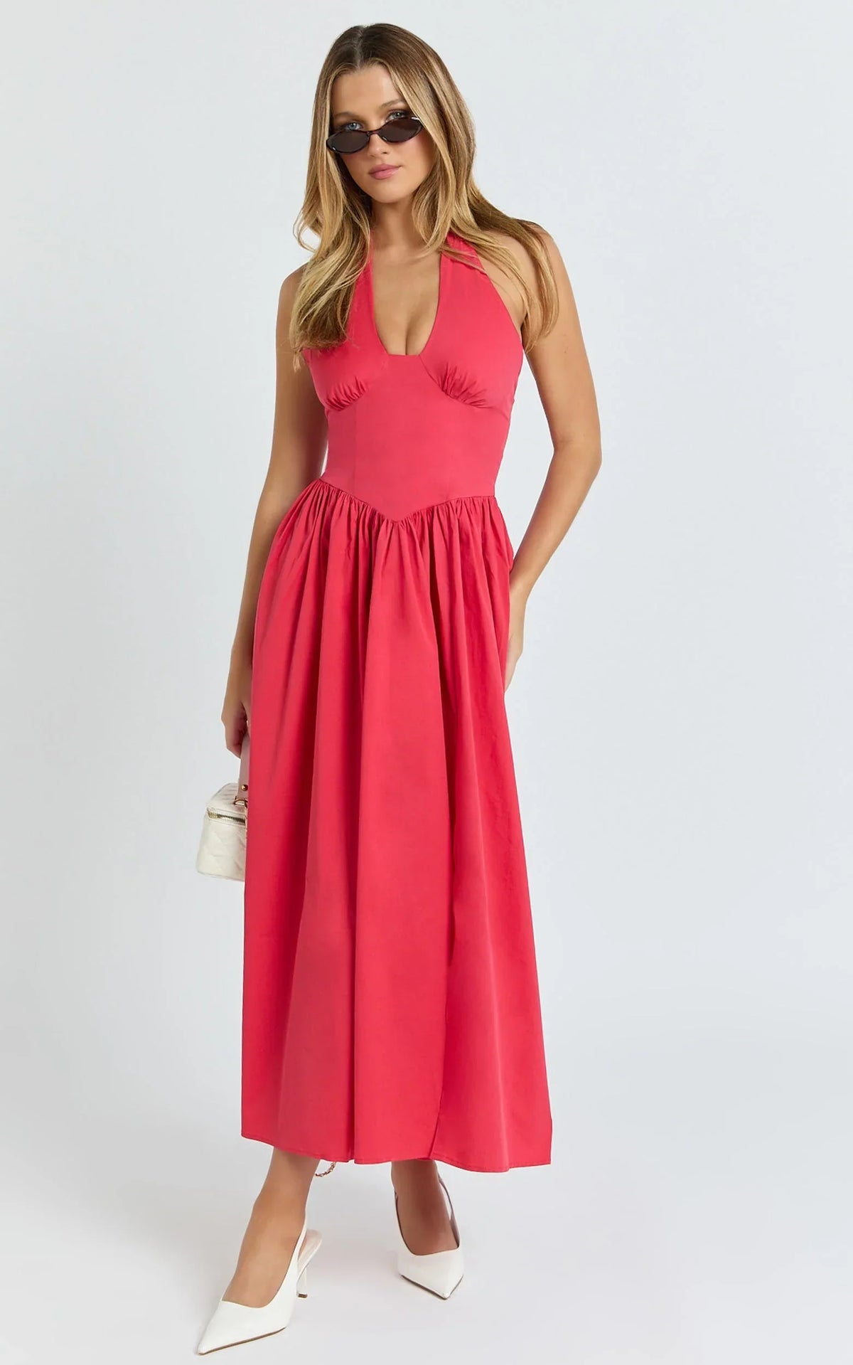 Belle Midi Dress - Keyhole Halter With V Yoke Dress in Red