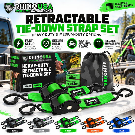 Rhino USA Heavy Duty Retractable Ratchet Straps – 1" & 2" Self-Retracting Tie Down Straps for Trucks, Trailers, ATVs & Motorcycles | 2-Pack / 4-Pack