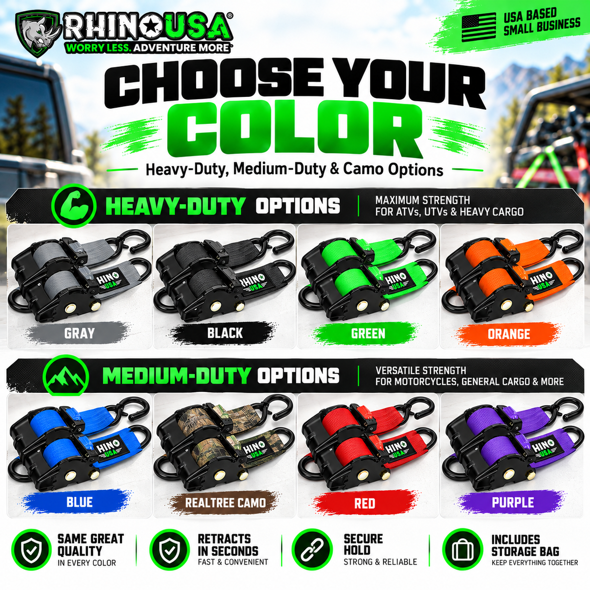 Rhino USA Heavy Duty Retractable Ratchet Straps – 1" & 2" Self-Retracting Tie Down Straps for Trucks, Trailers, ATVs & Motorcycles | 2-Pack / 4-Pack