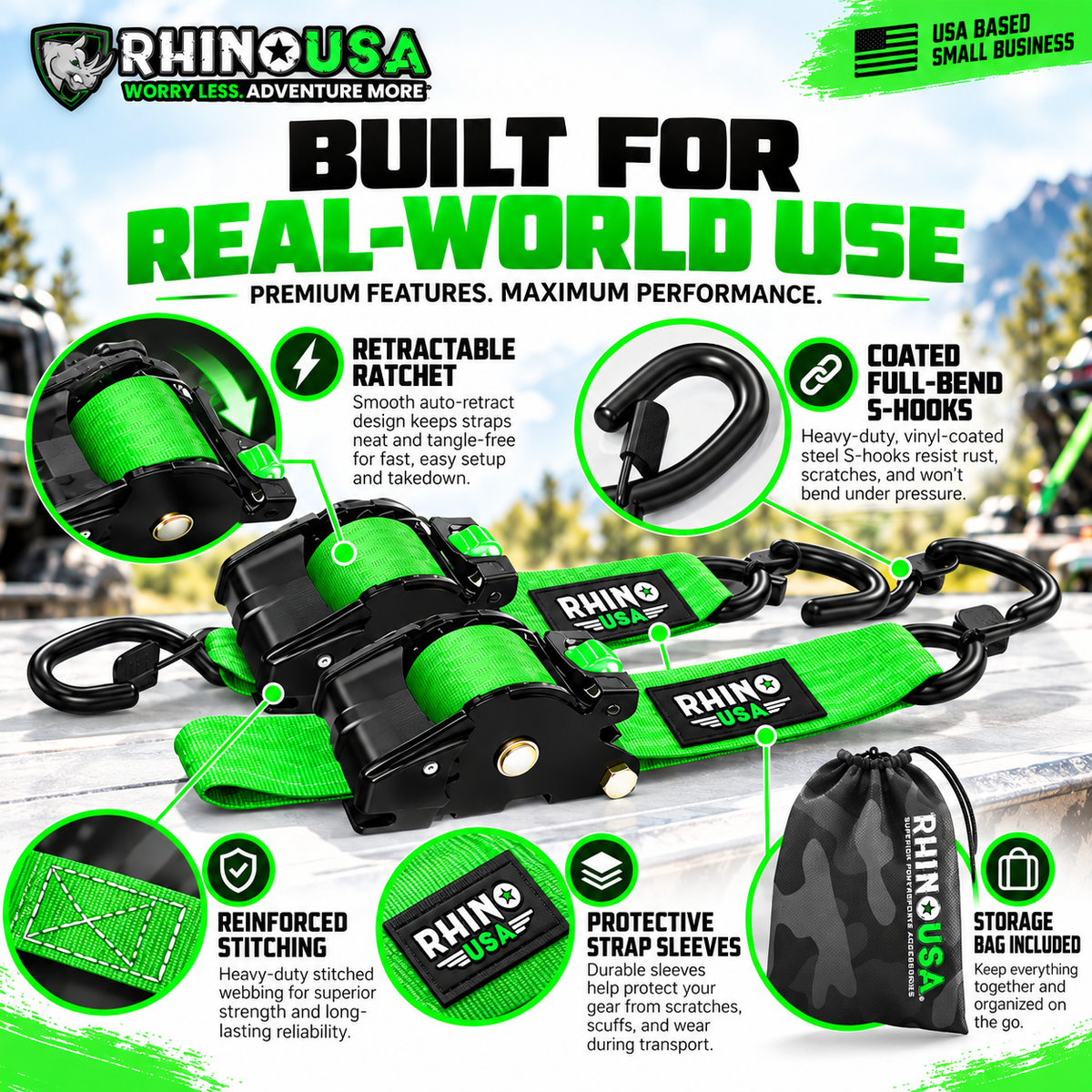 Rhino USA Heavy Duty Retractable Ratchet Straps – 1" & 2" Self-Retracting Tie Down Straps for Trucks, Trailers, ATVs & Motorcycles | 2-Pack / 4-Pack