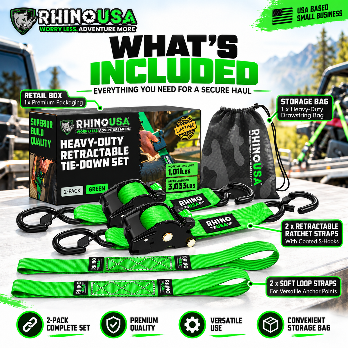 Rhino USA Heavy Duty Retractable Ratchet Straps – 1" & 2" Self-Retracting Tie Down Straps for Trucks, Trailers, ATVs & Motorcycles | 2-Pack / 4-Pack
