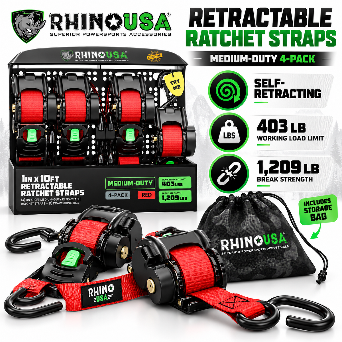 Rhino USA Heavy Duty Retractable Ratchet Straps – 1" & 2" Self-Retracting Tie Down Straps for Trucks, Trailers, ATVs & Motorcycles | 2-Pack / 4-Pack