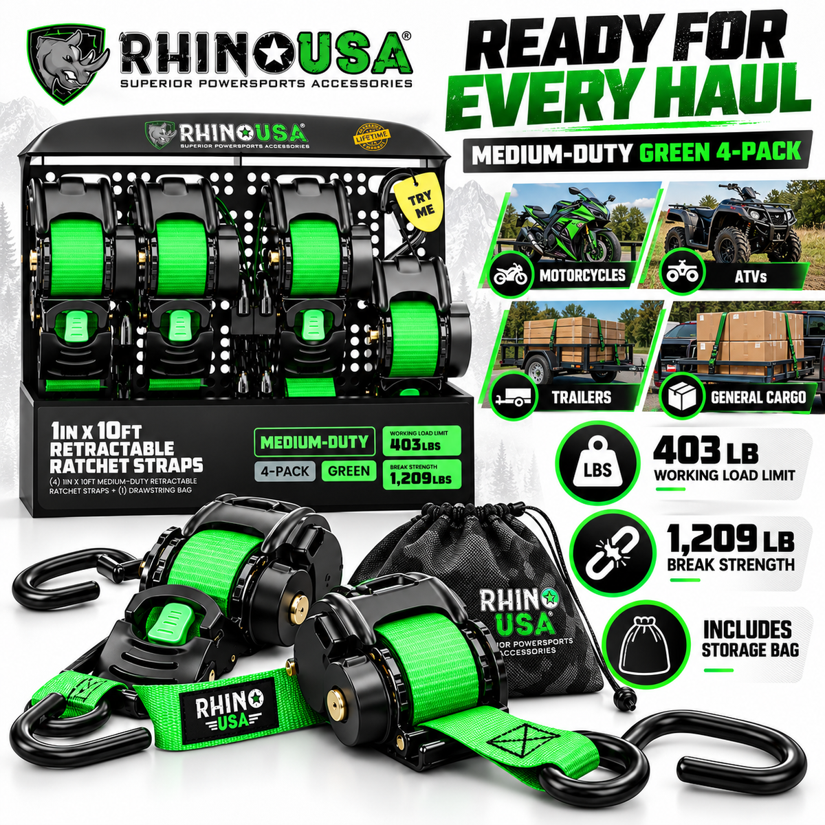 Rhino USA Heavy Duty Retractable Ratchet Straps – 1" & 2" Self-Retracting Tie Down Straps for Trucks, Trailers, ATVs & Motorcycles | 2-Pack / 4-Pack