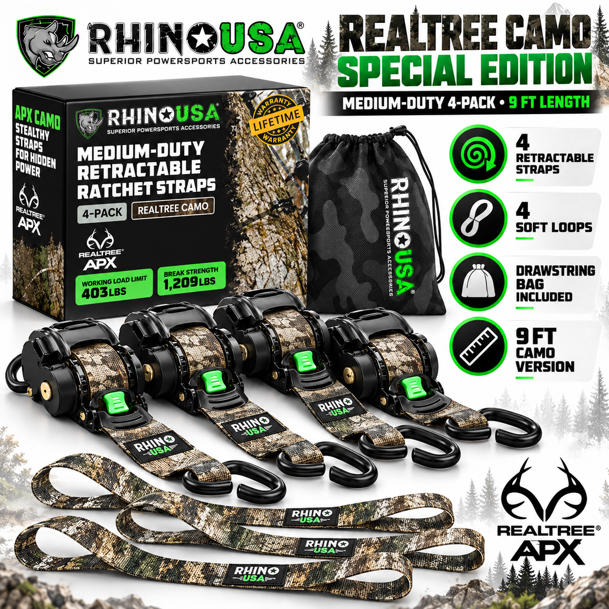 Rhino USA Heavy Duty Retractable Ratchet Straps – 1" & 2" Self-Retracting Tie Down Straps for Trucks, Trailers, ATVs & Motorcycles | 2-Pack / 4-Pack