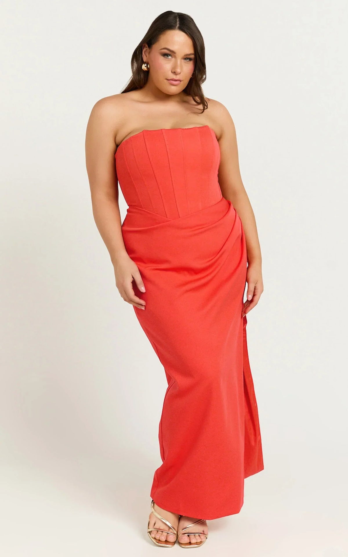 Avery Midi Dress - Strapless Draped Side Split Dress in Orange