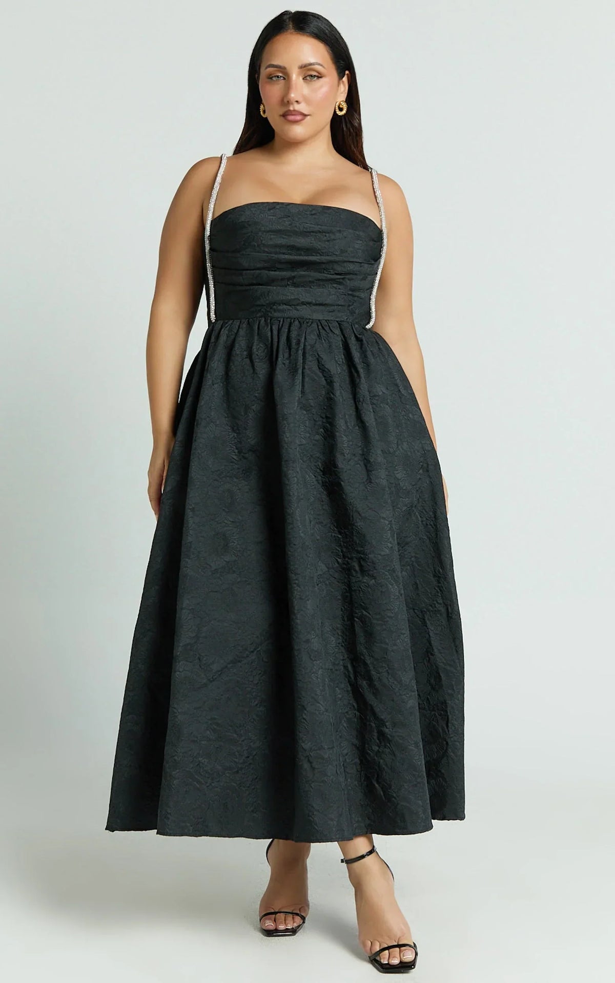 Alvia Midi Dress - Diamante Strap Ruched Straight Neck Dress in Black