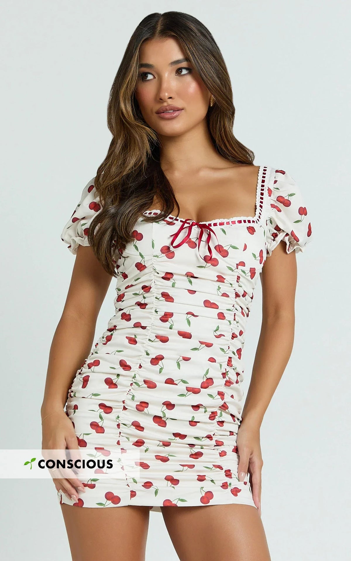 Bailey Mini Dress - Recycled Cherry Print Cap Sleeve Ruched Bust Bodycon Dress in Blushing Cherries Print