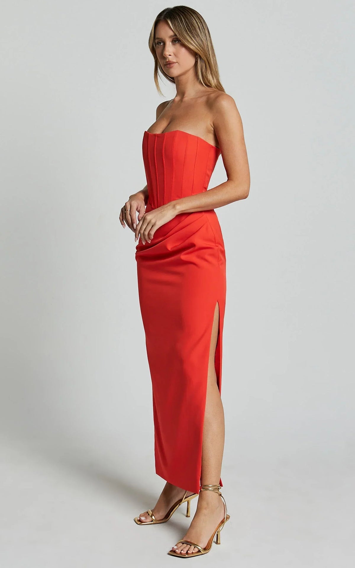 Avery Midi Dress - Strapless Draped Side Split Dress in Orange