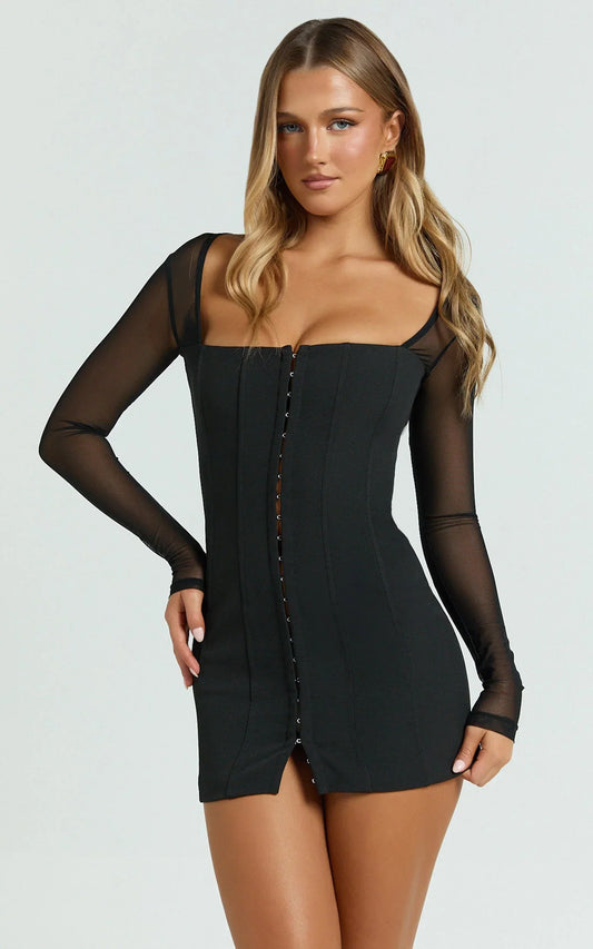 Alaya Mini Dress - Sheer Long Sleeve Hook and Eye Dress in Black
