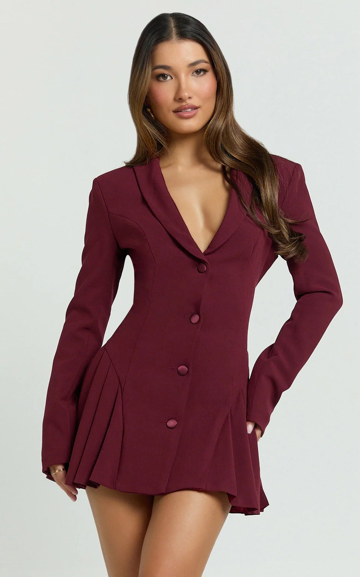 Bea Mini Dress - Collared Long Sleeve Fit And Flare Pleated Dress in Wine