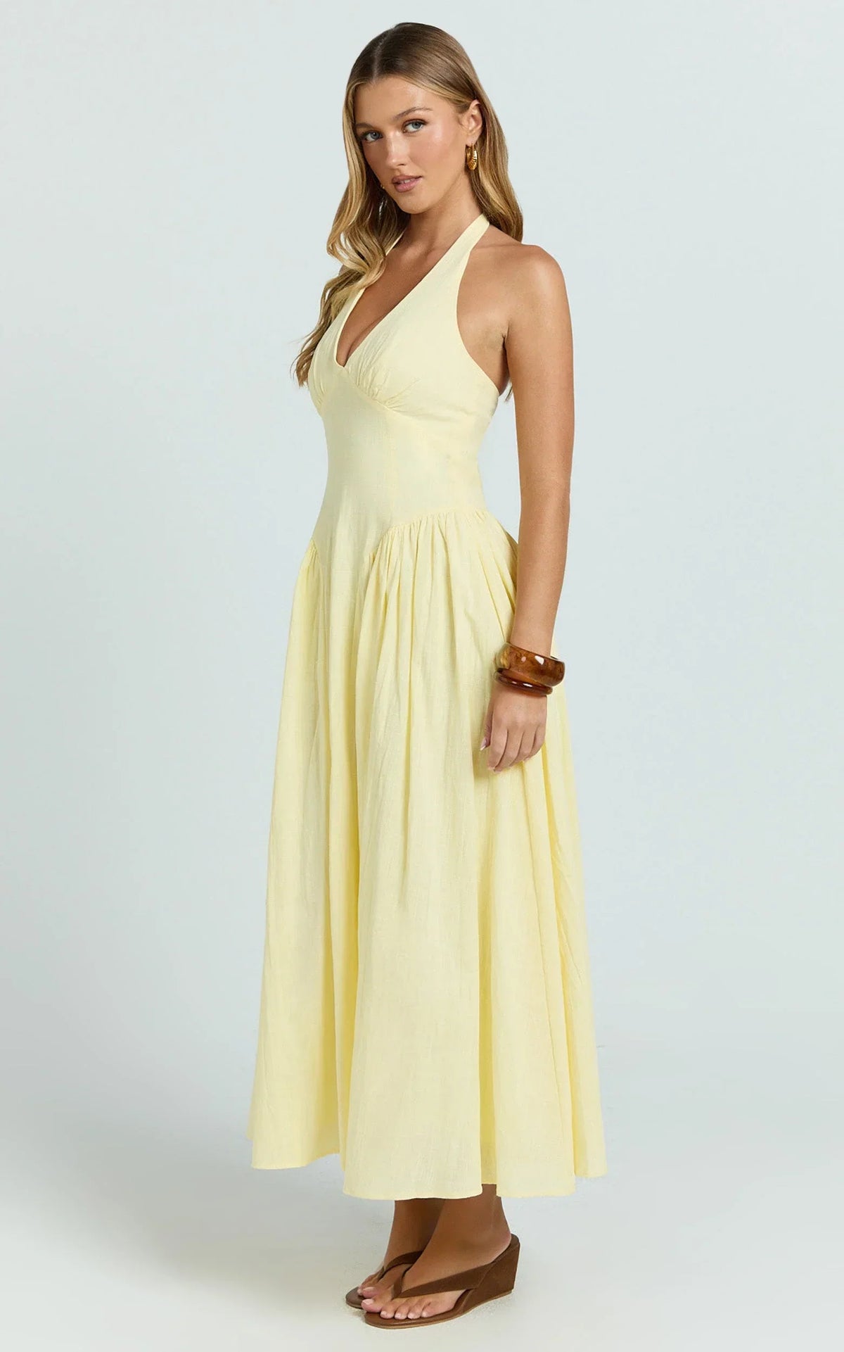 Athena Midi Dress - Halter Drop Waist Dress in Lemon