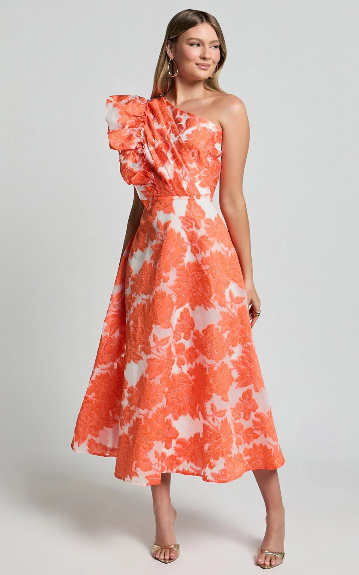 Alfreda Midi Dress - One Shoulder Ruffle Detail Brailey Jacquard Dress in Orange Jacquard
