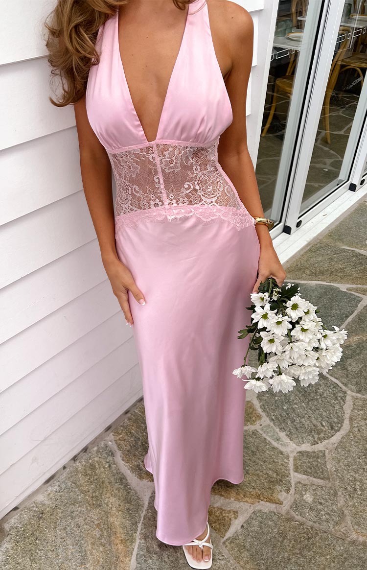 Divandi Pink Lace Halter Neck Formal Maxi Dress