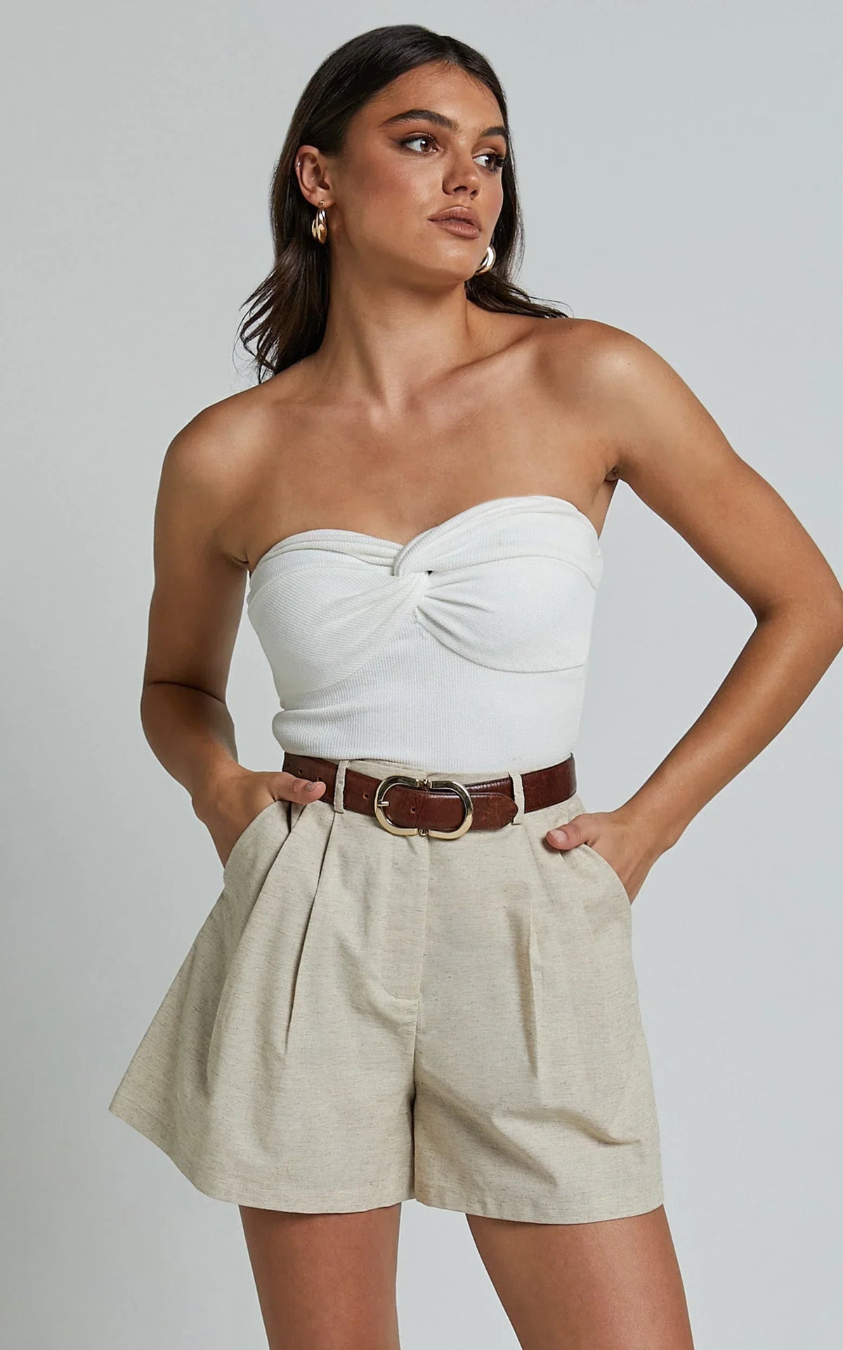 Ali Linen Blend Shorts - High Waisted Cuffed Shorts in Natural