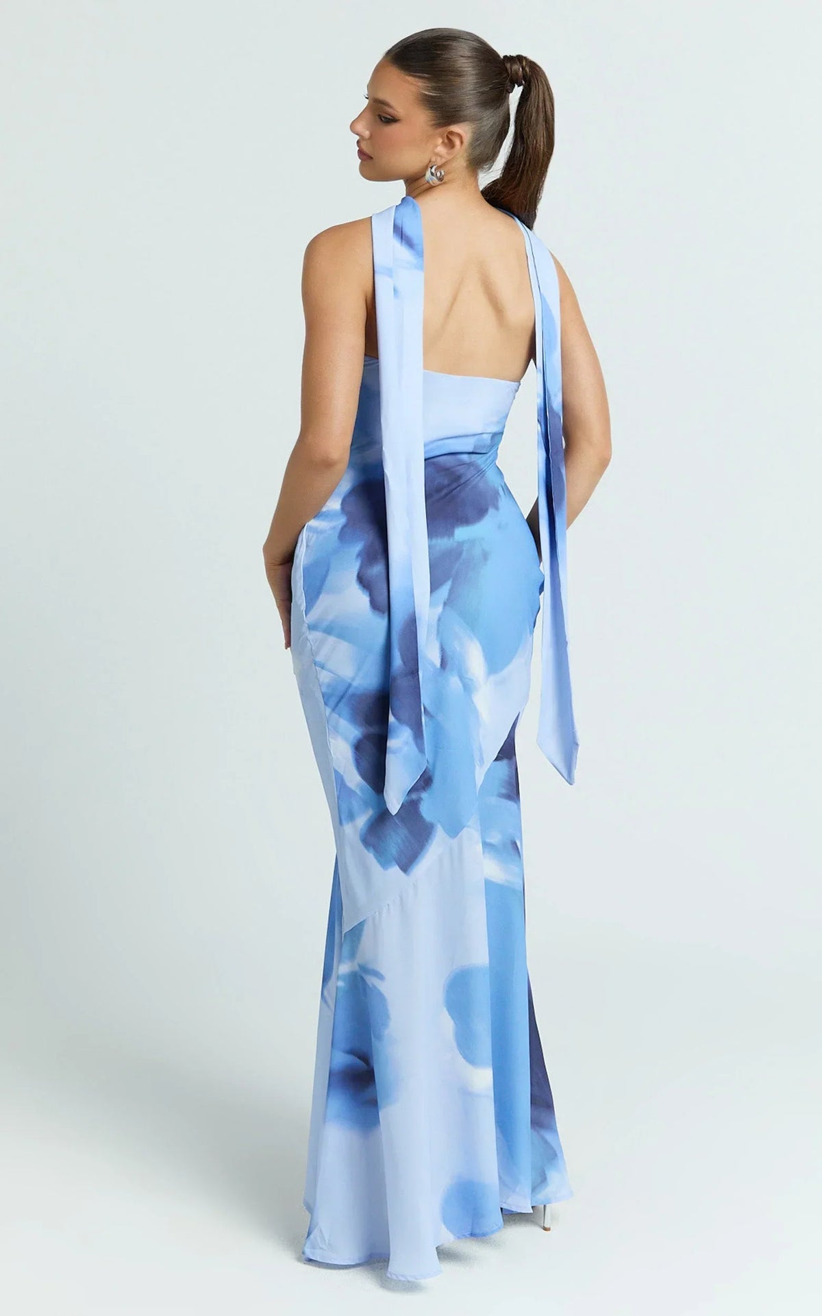 Angie Maxi Dress - Strapless Bias Column Dress with Scarf in Blue Print