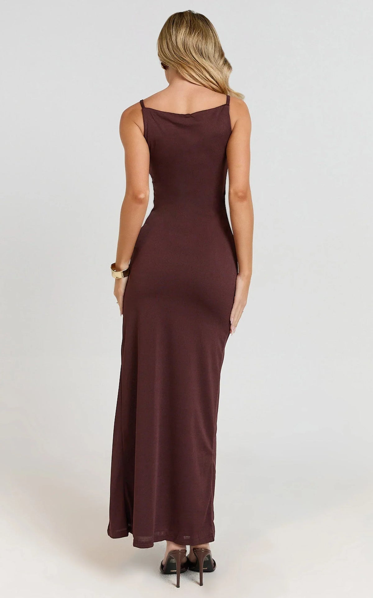 Audette Maxi Dress - Boat Neck Ruched Fitted Dress in Chocolate