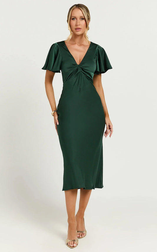 Amartina Midi Dress - V Neck Twist Bodice Flutter Sleeve Dress in Forest Green