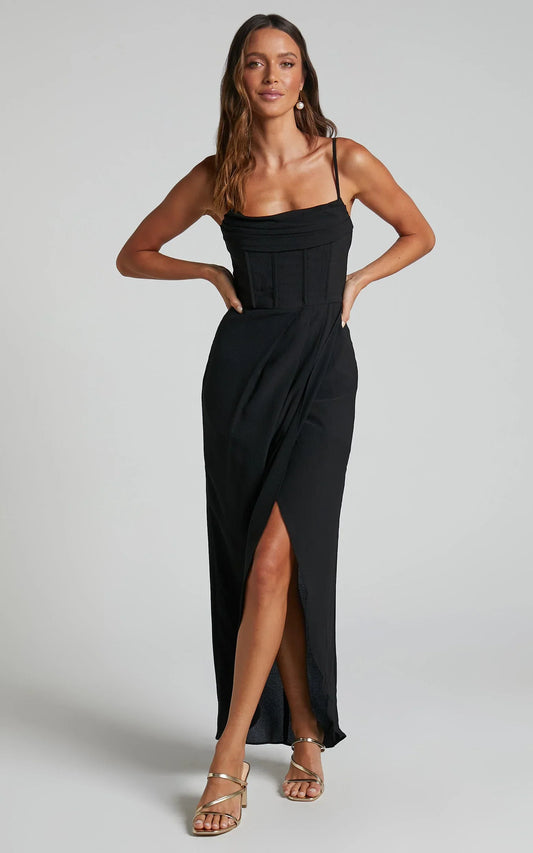 Andrina Midi Dress - High Low Wrap Corset Dress in Black