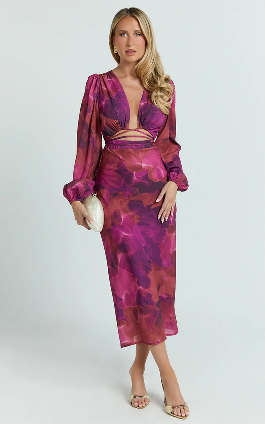 Artola Midi Dress - Front Cut Out Long Sleeve Dress in Blurred Dreams