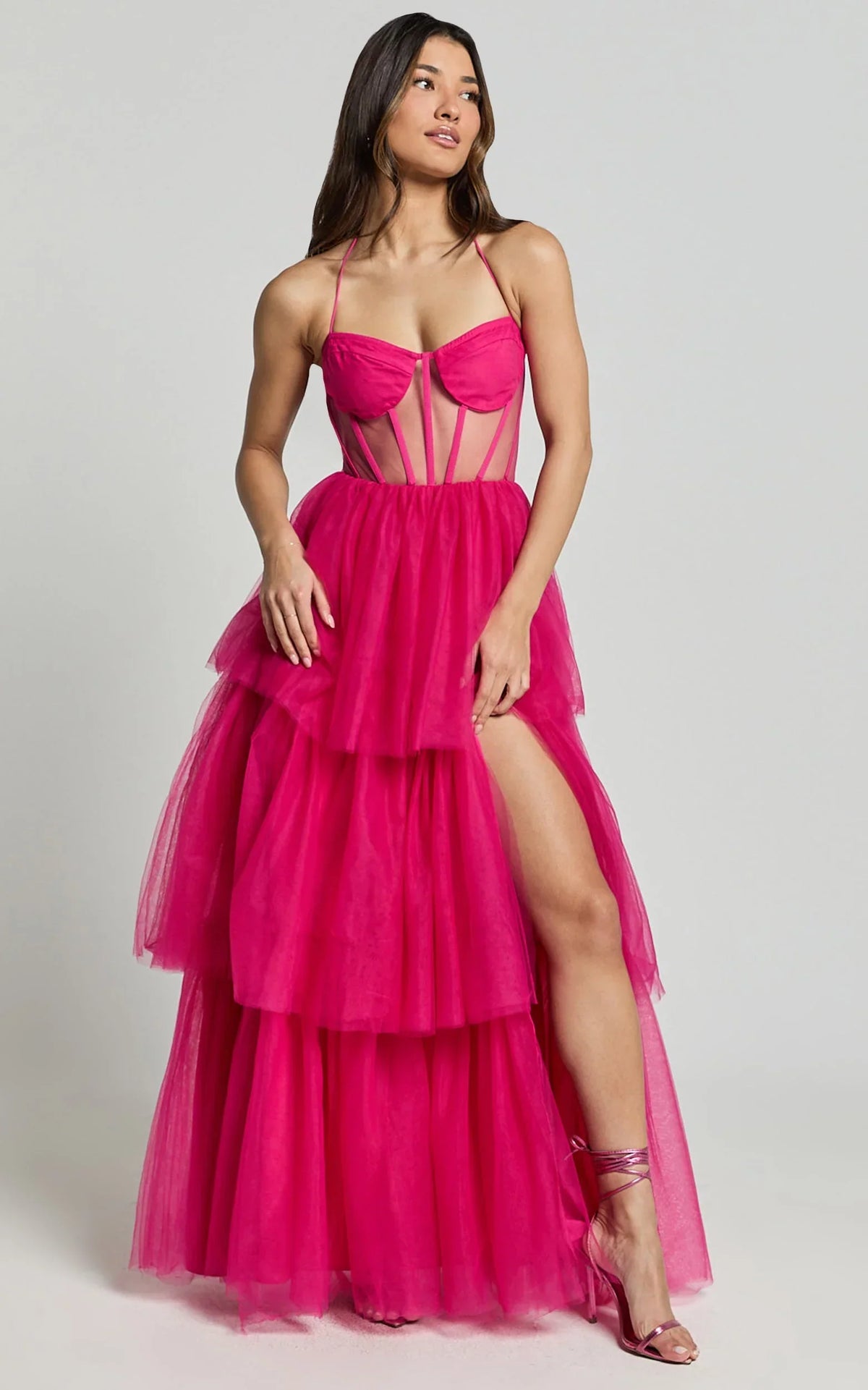 Ariel Maxi Dress - Tiered Tulle Bustier Halter Dress in Hot Pink