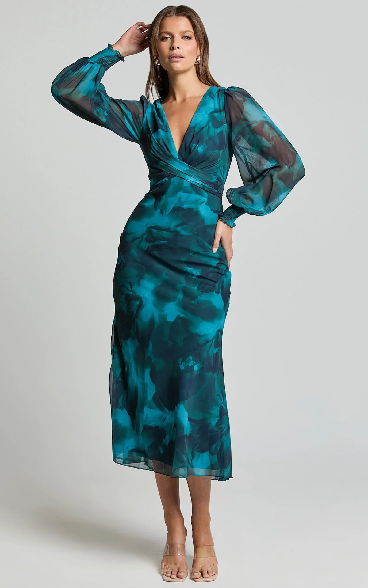 Artelia Midi Dress - V Neck Long Sleeve Slip Dress in Emerald