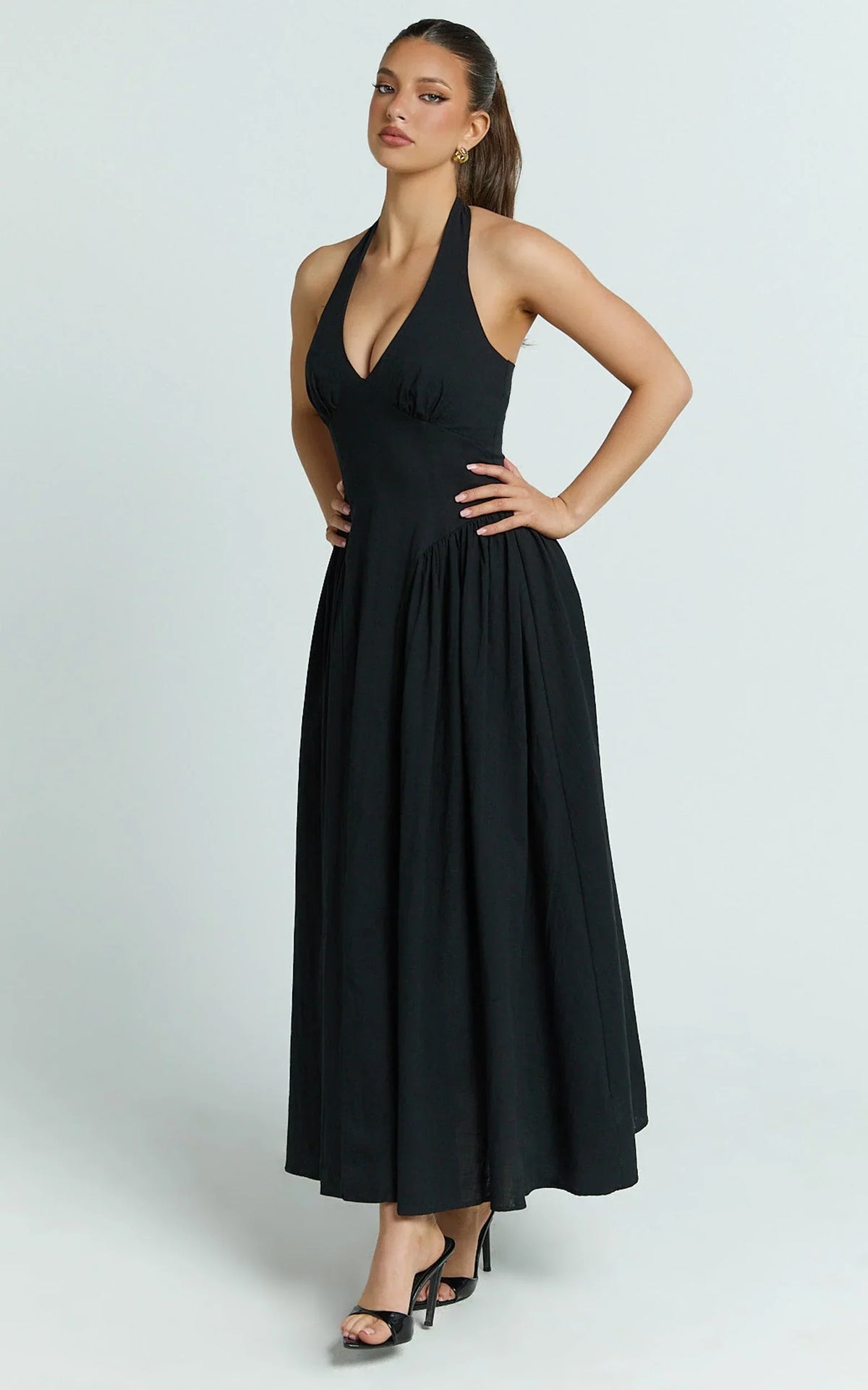 Athena Midi Dress - Halter Drop Waist Dress in Black