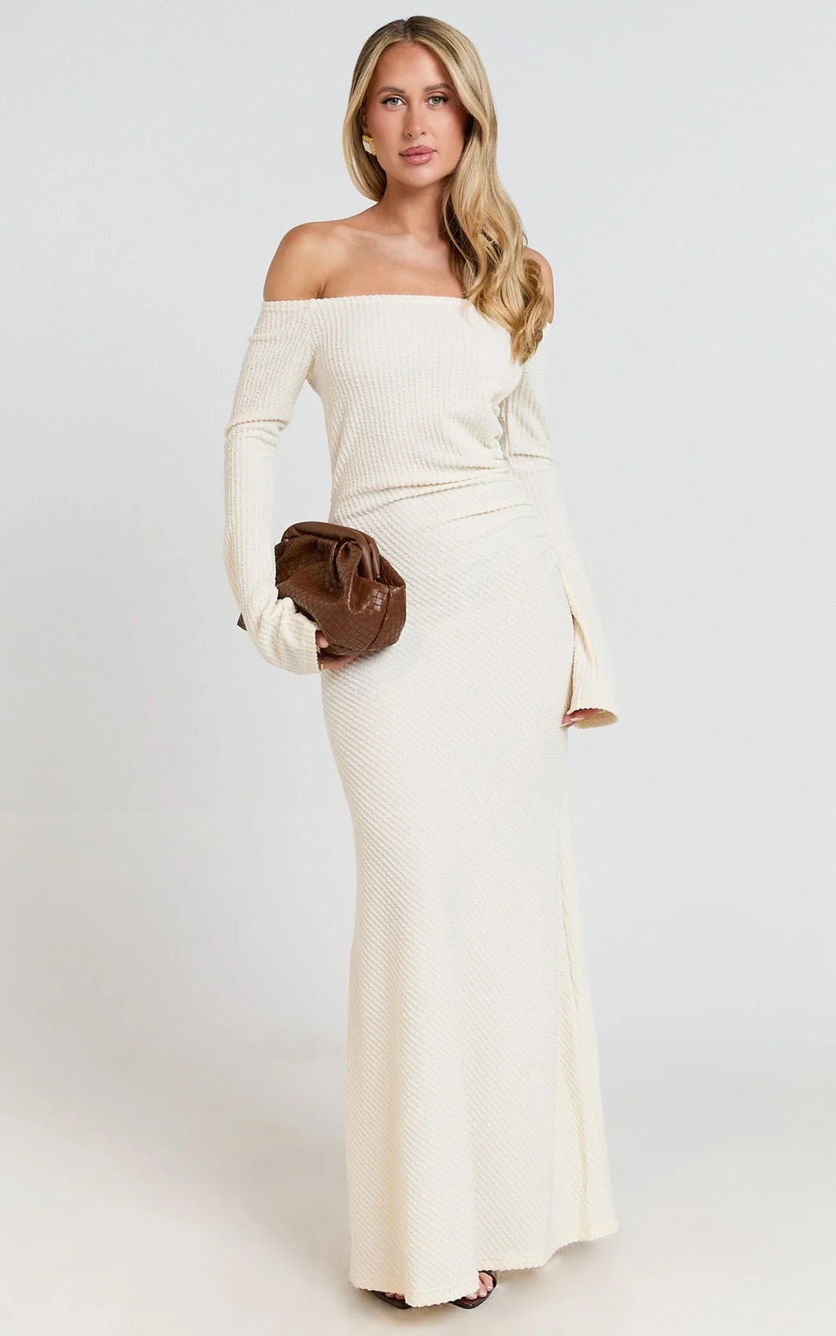 Ayla Maxi Dress - Off Shoulder Flared Sleeve Bodycon Dress in Off White
