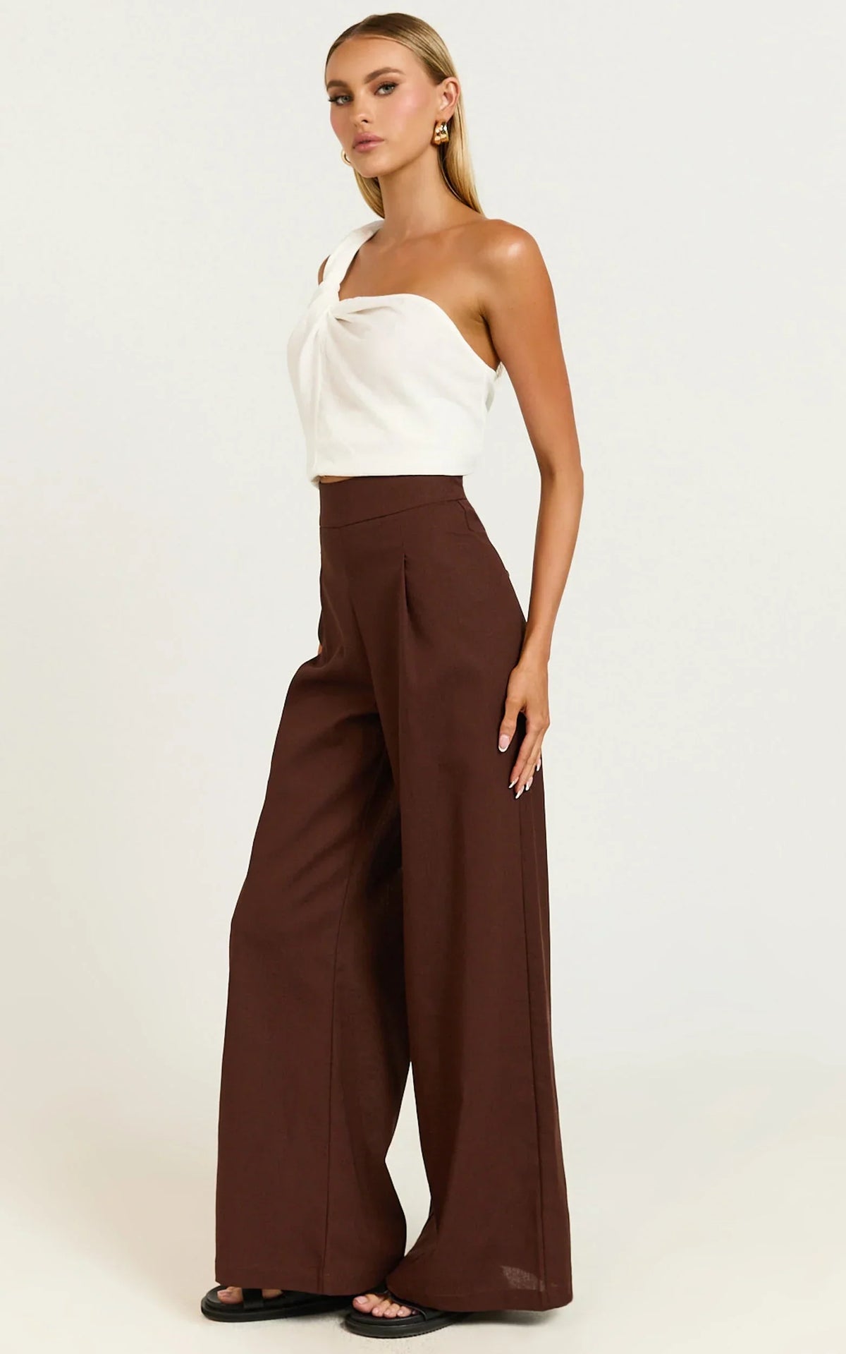 Alina Pants - Linen High Waisted Wide Leg Relaxed Pants in Chocolate