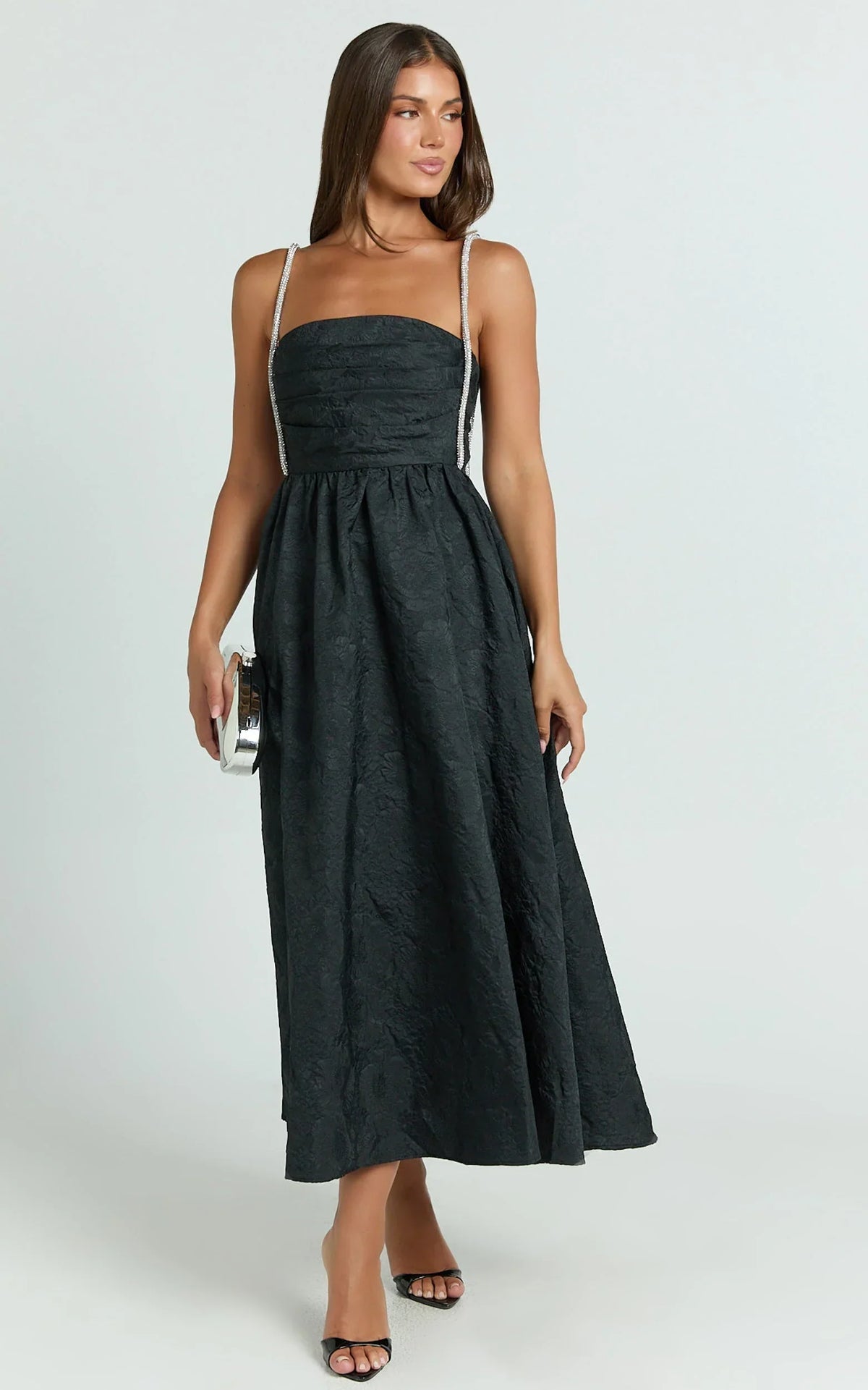 Alvia Midi Dress - Diamante Strap Ruched Straight Neck Dress in Black