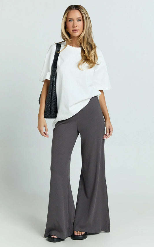 Amalthea Pants - High Waisted Jersey Rib Wide Leg Pants in Charcoal