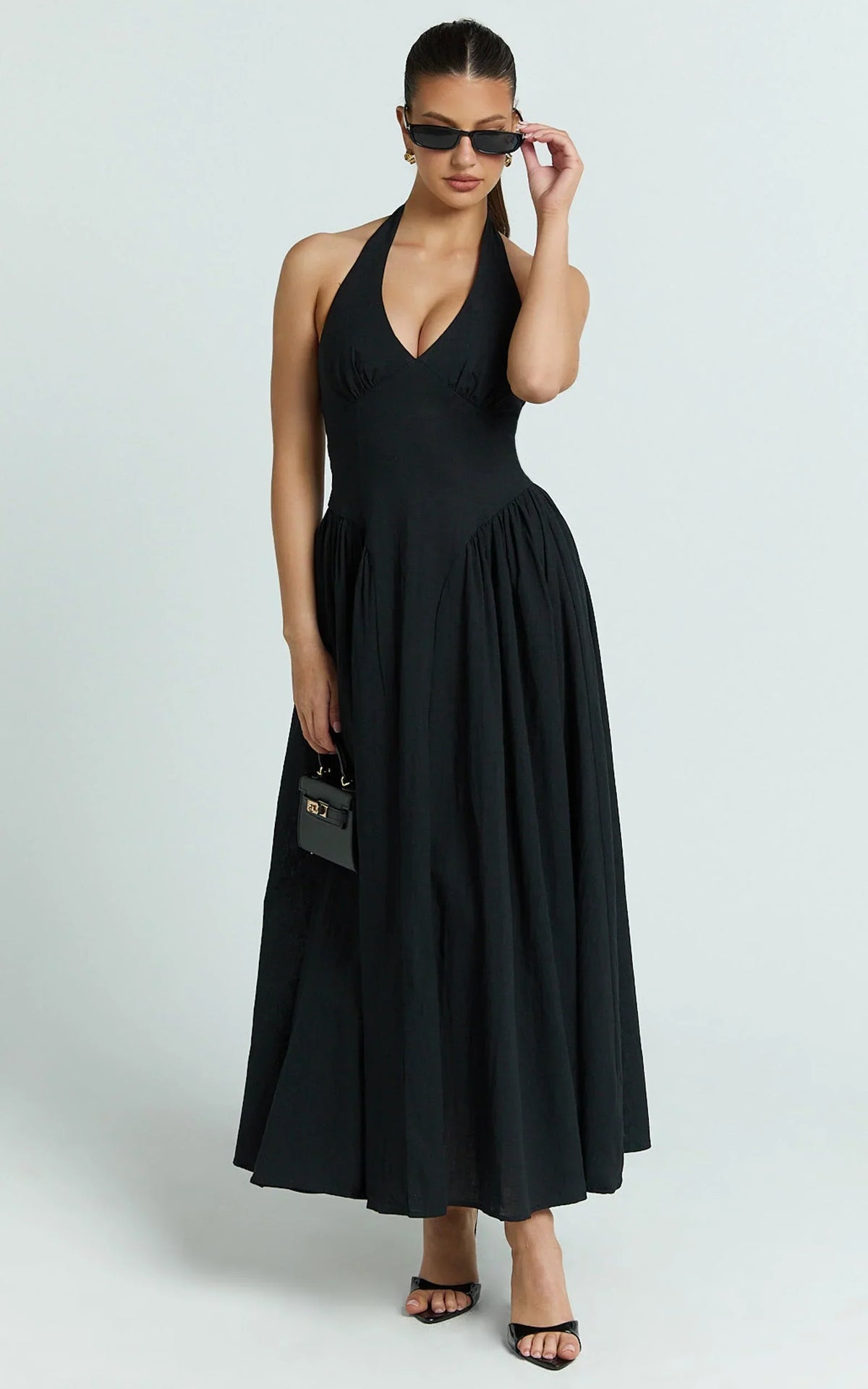Athena Midi Dress - Halter Drop Waist Dress in Black