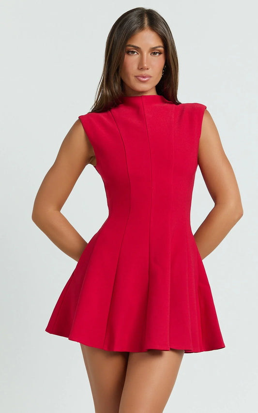Becky Mini Dress - High Neck Sleeveless Fit And Flare Dress in Red