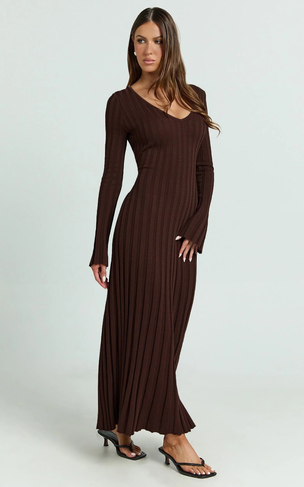 Astra Maxi Dress - V Neck Long Sleeve Knit Dress in Chocolate