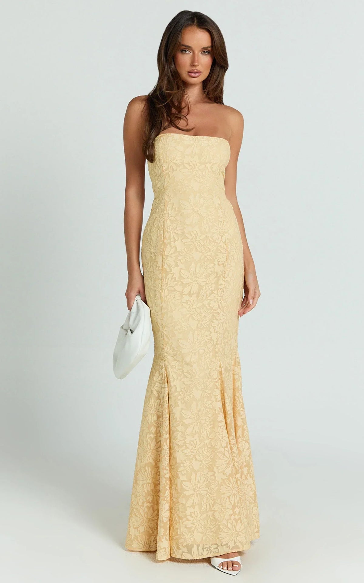 Belrose Maxi Dress - Jacquard Square Neck Fit And Flare Dress in Yellow