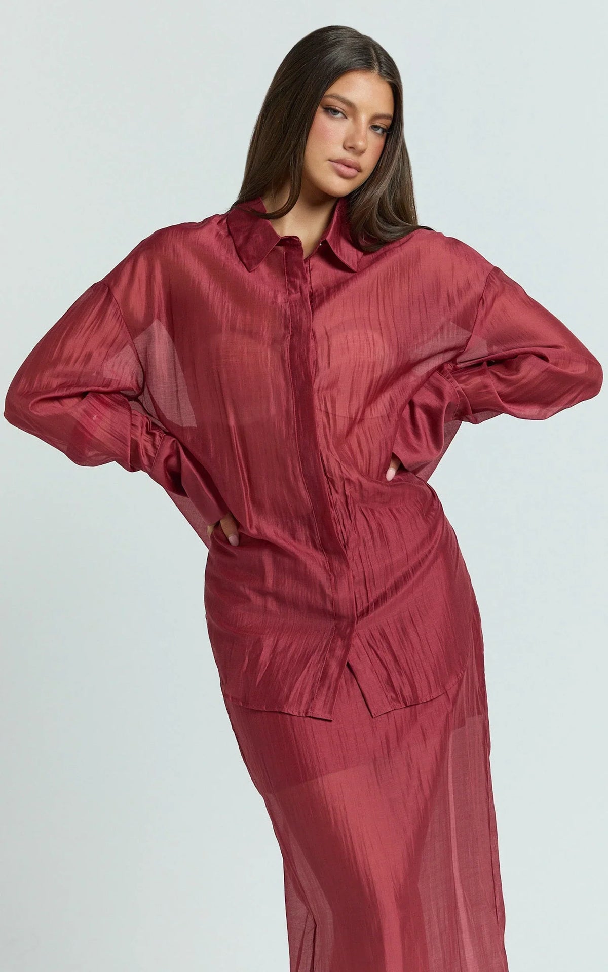 Amalia Top - Sheer Concealed Placket Collared Shirt in Cherry