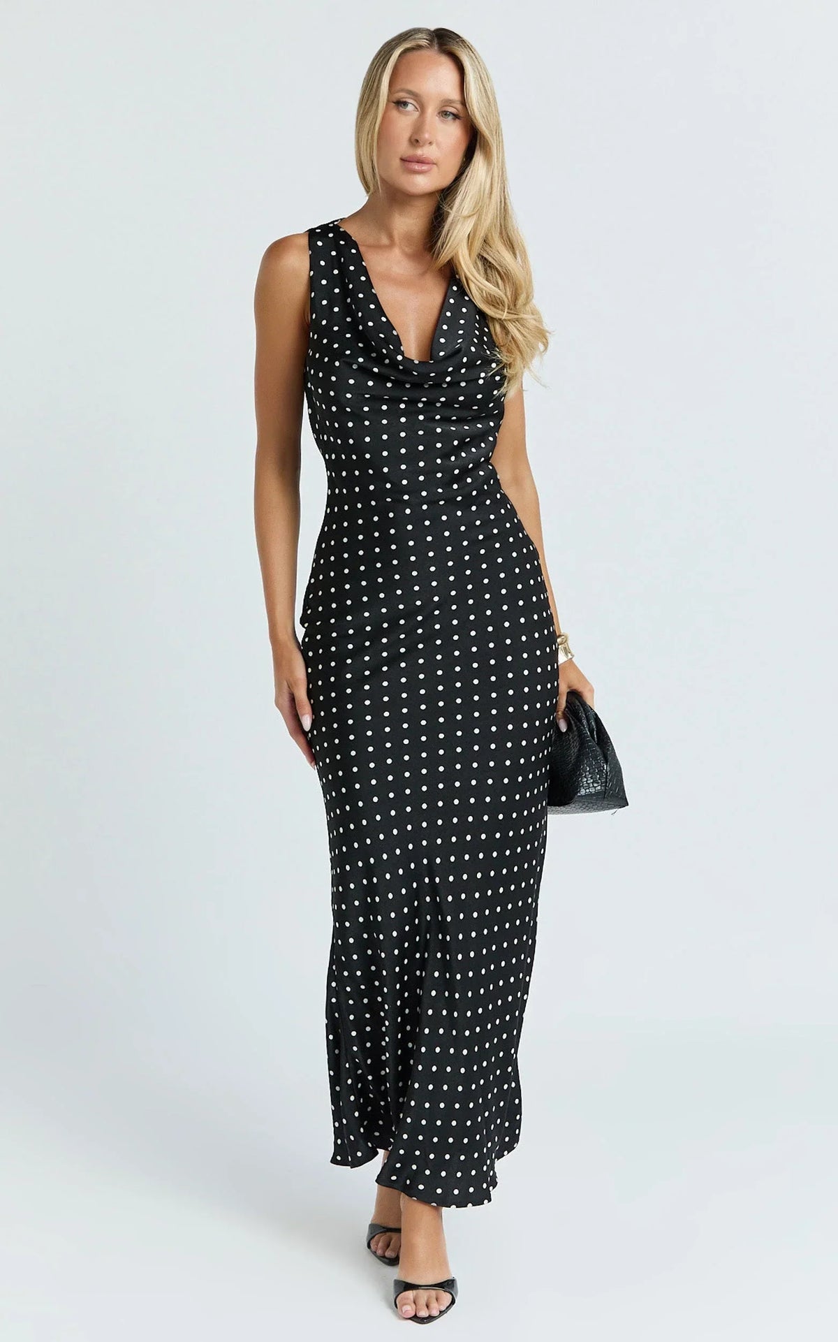 Blanca Maxi Dress - Cowl Neck Bias Cut Dress in Black Polka Dot