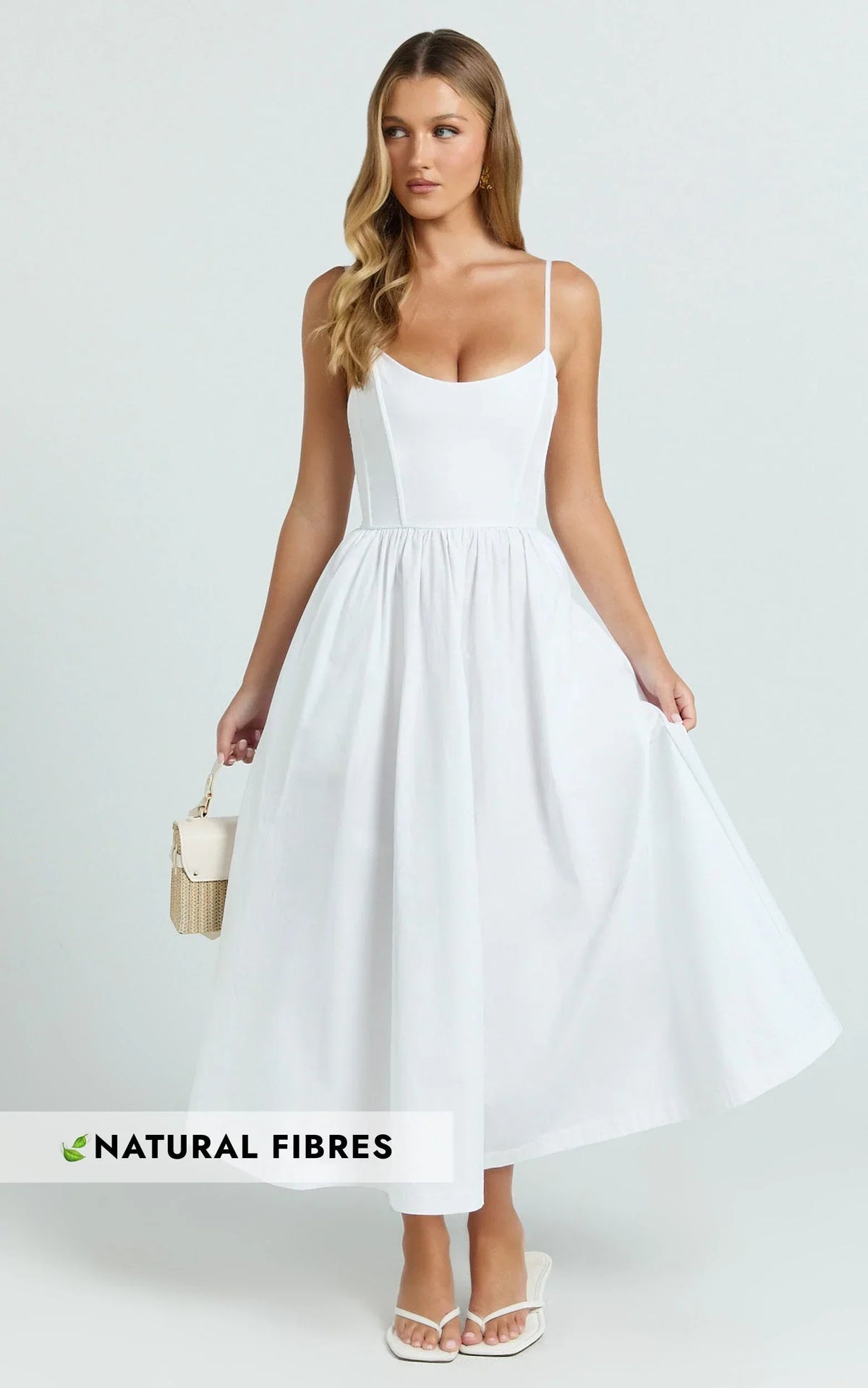 Braelyn Midi Dress - Scoop Neck Flare Dress in White