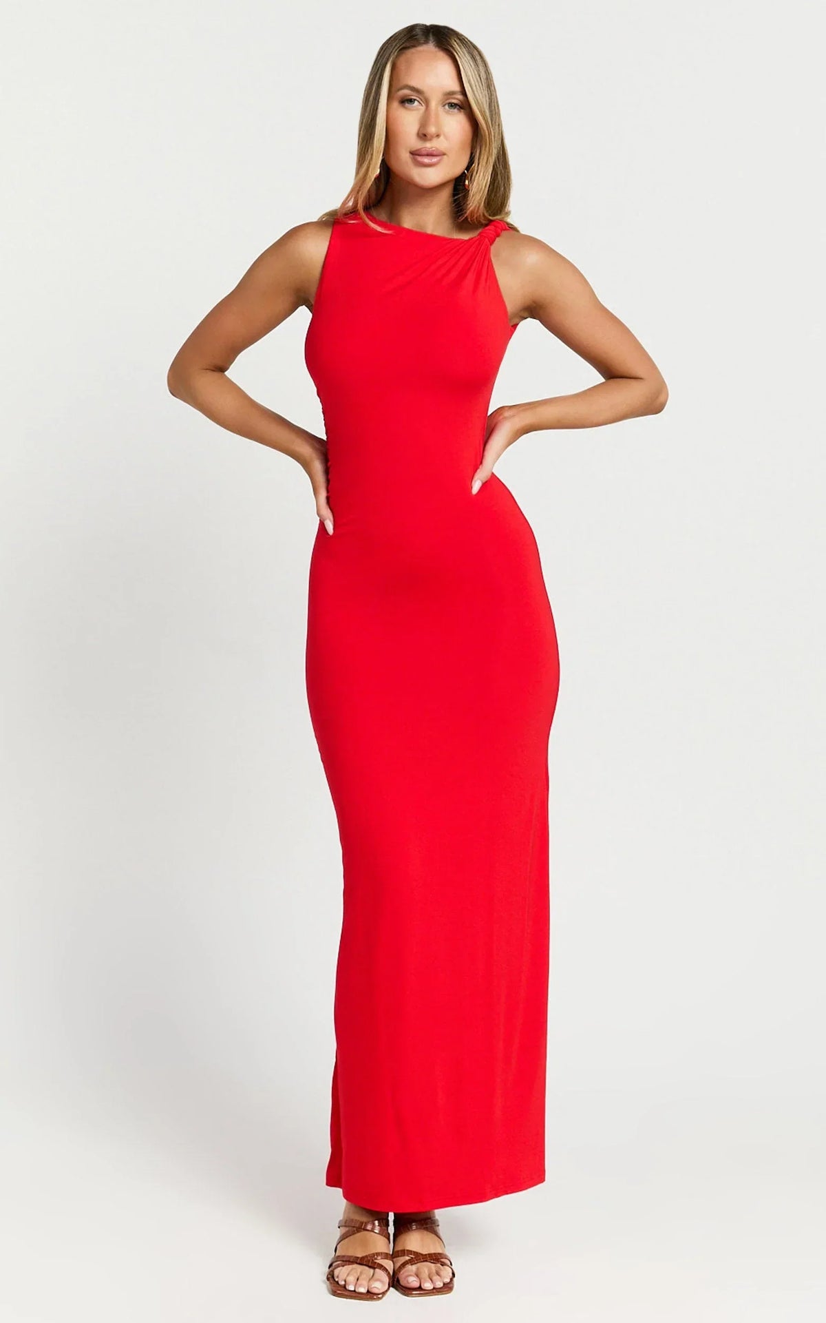 Aisha Maxi Dress - Sleeveless Twist Strap Bodycon Dress in Red