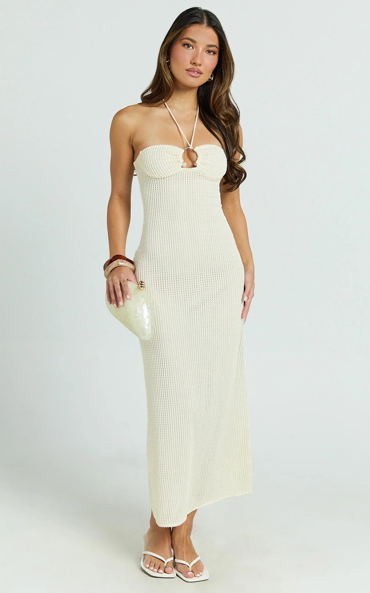 Blaire Midi Dress - Strappy Ruched Front Column Fitted Textured Jersey Dress in Off White