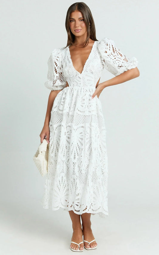 Anieshaya Midi Dress - V Neck Cut Out Lace Dress in White