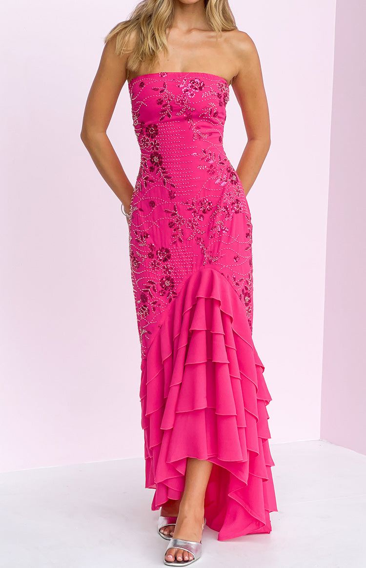 Khai Pink Ruffle Maxi Scarf Beaded Dress
