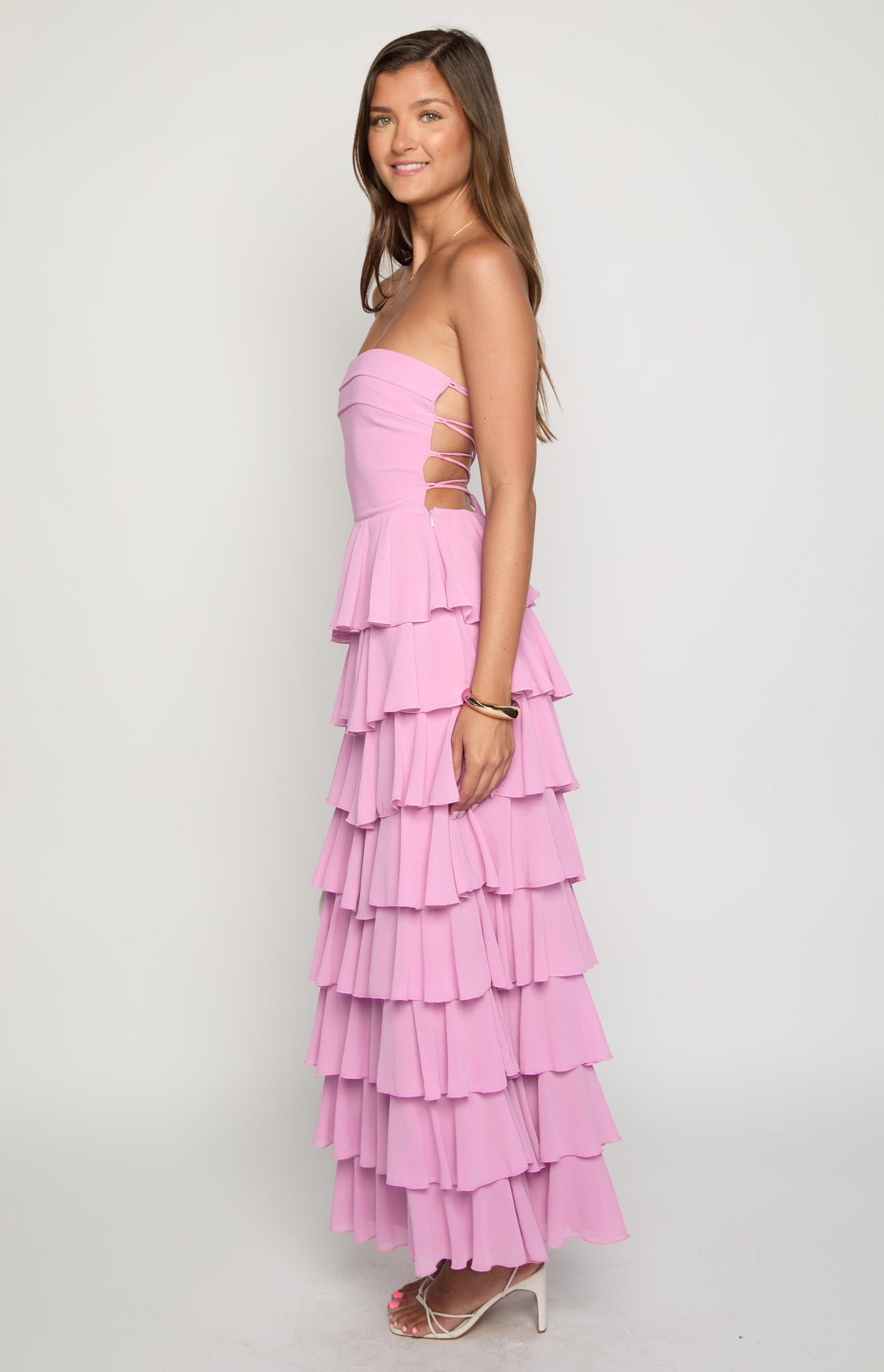 Kim Pink Strapless Ruffle Maxi Dress