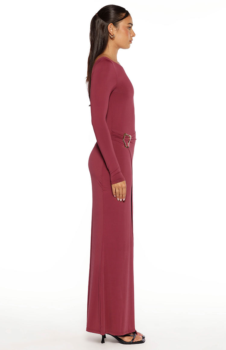 Misaki Burgundy Long Sleeve Wrap Maxi Dress